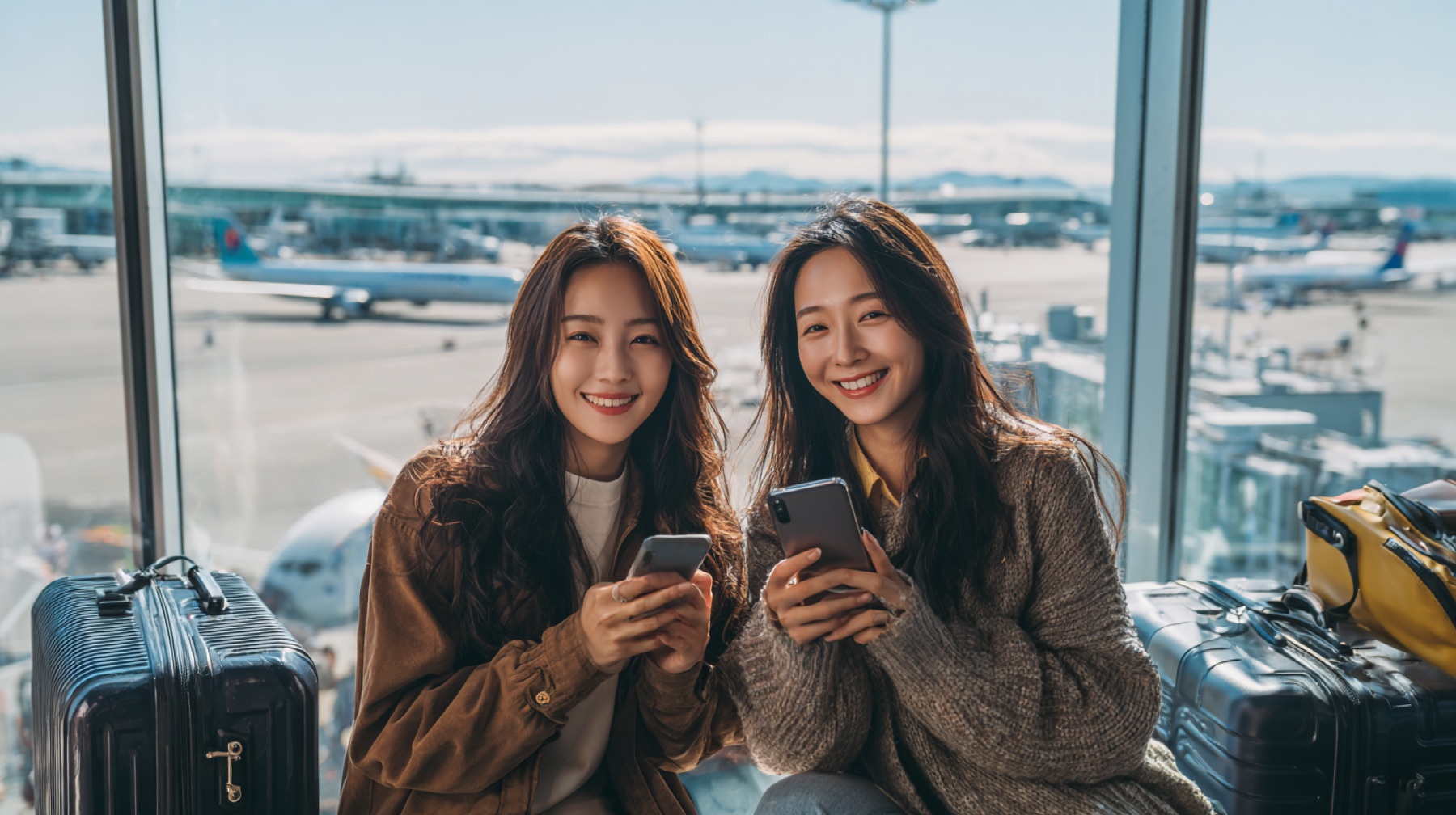 공항에서 출국을 기다리는 여행자